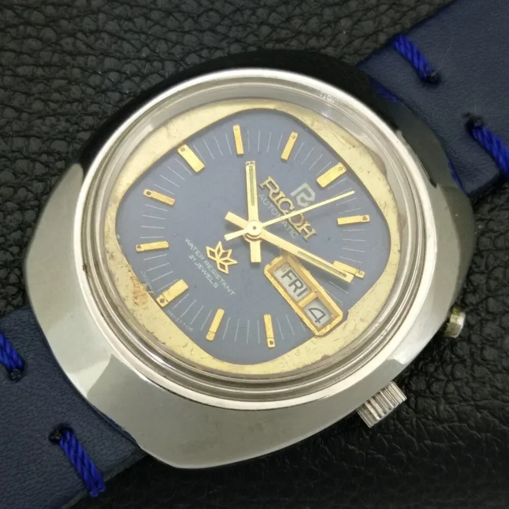 Vintage 1986 Ricoh Automatic Mens Silver Watch W/daydate & Blue accents
